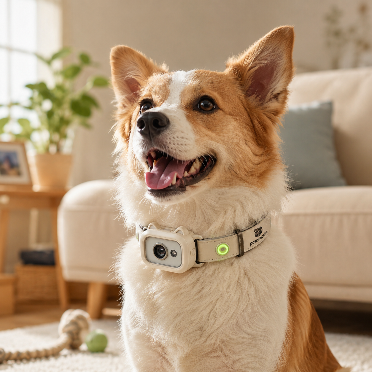 Healing close-up of a golden retriever wearing the Pawspective smart collar